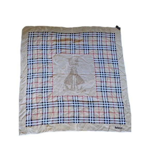 authentic vintage Burberry silk square scarf check pattern old logo in middle - Picture 1 of 5